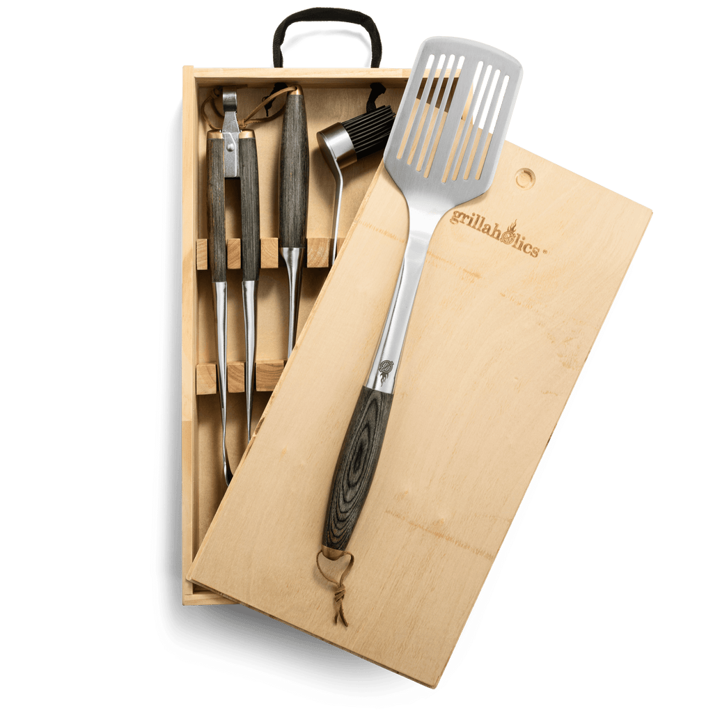 Grillaholics Premium BBQ Grill Tools - Luxury 4-Piece Barbecue Utensils Grill Set - Wooden Gift Box Includes Barbeque Tongs, Meat Fork, Grill